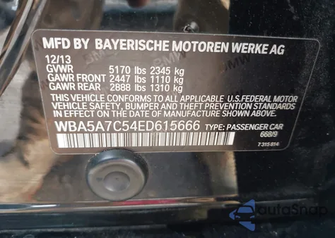2014 BMW 528I xDrive from USA, damaged, VIN WBA5A7C54ED615666